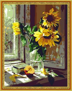 Diamantové malování - Slunečnice u okna  Včetně předtištěného ozdobného rámu