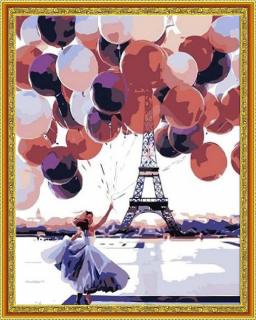 Diamantové malování - Žena s balónky u Eiffelovky  Včetně předtištěného ozdobného rámu