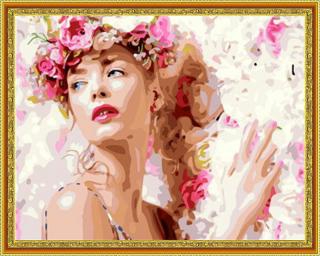 Diamantové malování - Žena s květinovou čelenkou  Včetně předtištěného ozdobného rámu