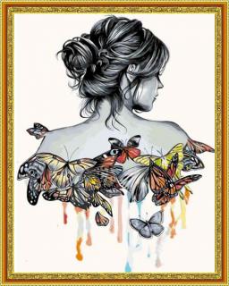 Diamantové malování - Žena s motýli  Včetně předtištěného ozdobného rámu