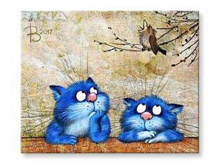 Malování podle čísel - Modré kočky a ptáček