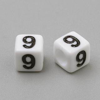 Akrylové korálky s čísly - bílé kostičky - 6 x 6 x 6 mm - 1 ks Čísla: 9