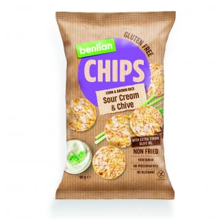 Benlian Rice Chips chipsy z kukuřice a hnědé rýže s příchutí zakysané smetana/pažitky 60 g