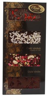Kamila Chocolates Tabulky hořkých čokolád s posypem MIX 4x50g - tmavá krabička