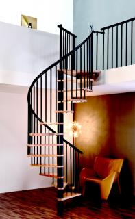 Točité vřetenové schody - Spiral Effect Spiral Effect: Průměr 120cm, barva ČERNÁ, sestava 12 schodů + podesta BUK