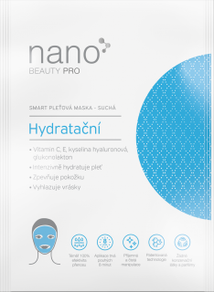 Hydratační nanovlákenná maska nanoBeauty  Vitamin C, E, kyselina hyaluronová, glukonolakton.