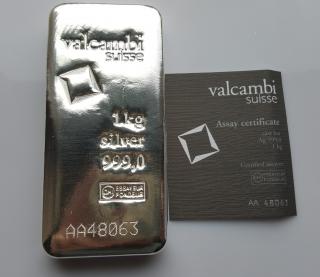 Investiční stříbrná cihla Valcambi 1 Kg-Švýcarsko
