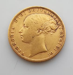 Investiční zlatá mince britský Sovereign - Victoria první portrét (typ Pistrucci) 1872