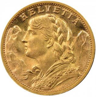Investiční zlatá mince švýcarský 20 frank-Vrenelli 1913