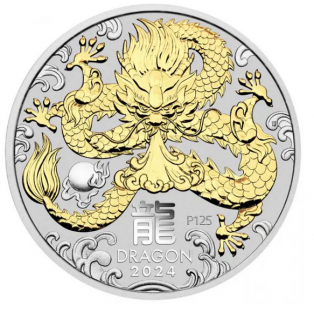Stříbrná mince rok draka 1 Oz 2024-zlacené provedení