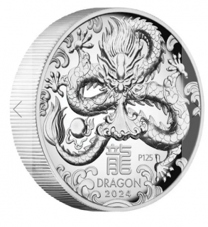 Stříbrná mince Rok draka 2024-1 Oz proof-lunární série III.-vysoký reliéf