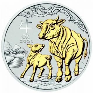 Stříbrná pozlacená mince Rok Býka 2021 1 Oz Lunární série III.
