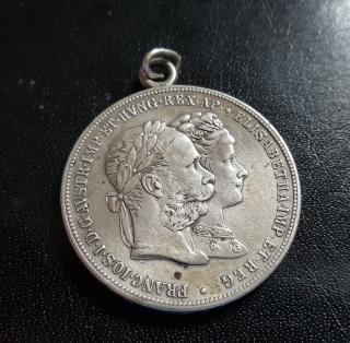 Stříbrný 2 zlatník Františka Josefa I. 1879-pamětní stříbrná svatba-stav 2/2-šperk