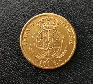 Zlatá mince 10 eskudos -královna Isabela II. 1865-1868