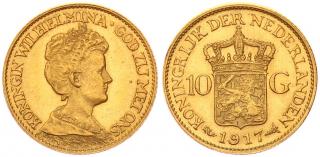 Zlatá mince 10 guldenů-Wilhelmina 1917