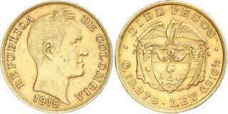 Zlatá mince 10 pesos Kolumbie-1919
