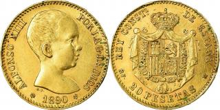 Zlatá mince 20 peset-Alfonso VIII. 1887-1890- první portrét