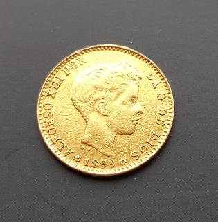 Zlatá mince 20 peset-Alfonso VIII. 1896-1899- třetí portrét
