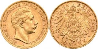 Zlatá mince pruská 10 marka-Wilhelm II. 1909 A