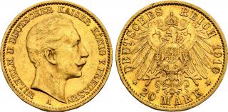 Zlatá mince pruská 20 marka-Wilhelm II. 1910