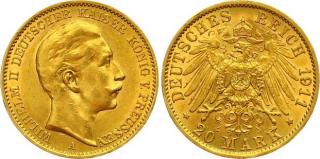 Zlatá mince pruská 20 marka-Wilhelm II. 1911