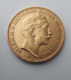Zlatá mince pruská 20 marka-Wilhelm II. 1912 J-akce
