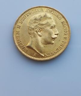 Zlatá mince pruská 20 marka-Wilhelm II. 1912