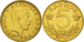 Zlatá mince švédská pětitikoruna-5 kronor Gustav V. 1920