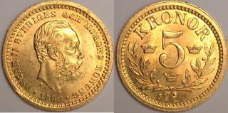 Zlatá mince švédská pětitikoruna-5 kronor Oskar II.
