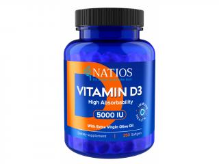 NATIOS Vitamin D3, Vysoce vstřebatelný, 5000 IU, 250 softgel kapslí (s olivovým olejem)