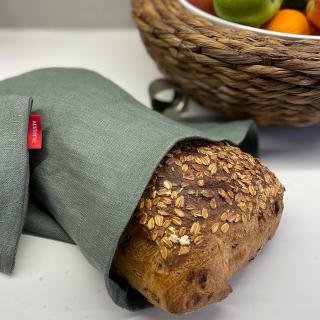 Lněný vak na chleba / sáček na pečivo s koženým poutkem - Khaki (Olive Green) Rozměr mix: 45x55 cm