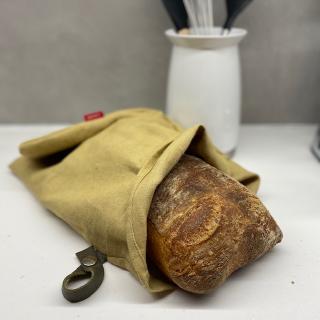 Lněný vak na chleba / sáček na pečivo s koženým poutkem - Písková (Sand) Rozměr mix: 25x45 cm