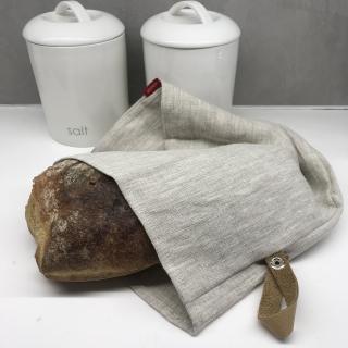 Lněný vak na chleba / sáček na pečivo s koženým poutkem - Přírodní světlý (Oatmeal) Rozměr mix: 25x45 cm