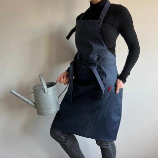 Zahradní lněná zástěra s laclem a kapsami - voděodolná -Tmavě modrá