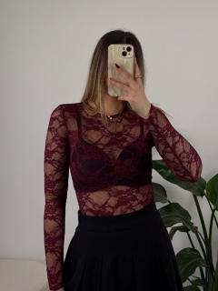 Průsvitné krajkované body Eris burgundy Velikost: L, Barva: Vínová