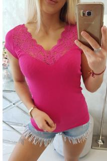 Tričko s krajkou ve výstřihu fuchsiové Velikost: One size, Barva: Růžová