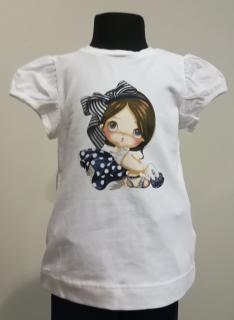 1008/69  Mayoral dívčí bavlněné bílé tričko s krátkým rukávem a modrým motivem panenky Barva: Modrobílá, Velikost: 80 / 12 měsíců, Materiál: 95%…