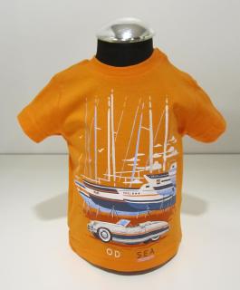 1020/36  Mayoral chlapecké oranžové tričko s krátkým rukávem s obrázkem lodě a auta Barva: Oranžová, Velikost: 68/ 6 měsíců, Materiál: 100% bavlna