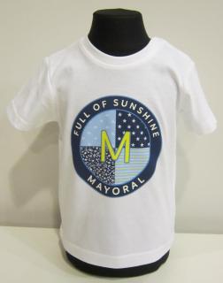 1041/15 Mayoral chlapecké bílé bavlněné tričko a obrázek modrý kruh s písmenem M Barva: Bílá, Velikost: 80 / 12 měsíců, Materiál: 100% bavlna