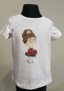1056/75  Mayoral dívčí smetanové tričko s krátkým rozvlněným rukávkem, metalickými prvky a s obrázkem panenky v modrých šatech Barva: Smetanová,…