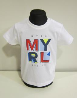 106/31 Mayoral chlapecké bílé tričko s krátkým rukávem a velkým barevným logem MYRL Barva: Bílá, Velikost: 80/ 12 měsíců, Materiál: 100% bavlna
