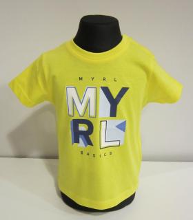 106/34 Mayoral chlapecké žluté tričko s krátkým rukávem a velkým barevným logem MYRL Barva: Žlutá, Velikost: 80/ 12 měsíců, Materiál: 100% bavlna