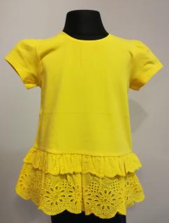 1062/15  Mayoral dívčí delší jednobarevné žluté tričko s krátkým rukávem a krajkovým volánem Barva: Žlutá, Velikost: 92 / 24 měsíců, Materiál: 98%…