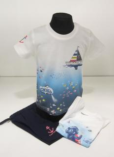 1644/83  Mayoral chlapecký volnočasový bílo modrý letní komplet (set) s motivem podmořský svět bílé box tričko + tričko krátký rukáv + šortky Barva:…