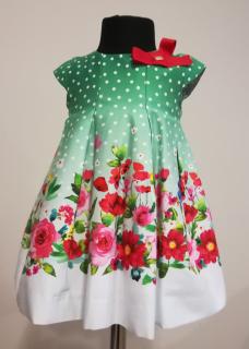 1914/44  Mayoral dívčí elegantní šaty s podšívkou smaragdově zelené s bílými drobnými puntíky a rozšířenou květovanou sukní do skladů. Barva: Zelená,…