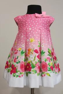 1914/45  Mayoral dívčí elegantní šaty s podšívkou růžové s bílými drobnými puntíky a rozšířenou květovanou sukní do skladů Barva: Růžová, Velikost: 86…