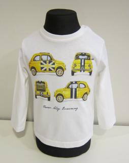 2009/81  Mayoral chlapecké triko s dlouhým rukávem smetanové se 4 žlutými autíčky Barva: Smetanová, Velikost: 80/ 12 měsíců, Materiál: 100% bavlna