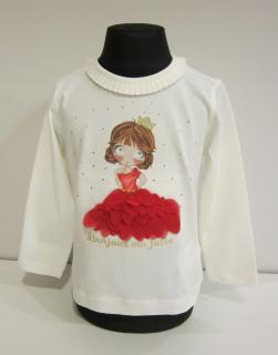 2011/64  Mayoral dívčí smetanové triko s dlouhým rukávem a obrázkem panenky v červené 3D sukni Barva: Smetanová, Velikost: 80 / 12 měsíců, Materiál:…