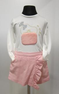 2208/29  Mayoral dívčí růžový 2 dílný set (smetanové triko s dlouhým rukávem a s obrázkem kabelky + růžová šortková sukně) Barva: Růžová, Velikost: 92…