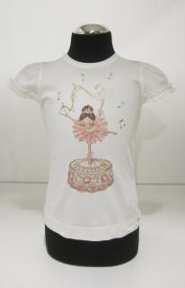 3001/66 Mayoral dívčí smetanové tričko s krátkým rukávem a růžovým obrázkem tančící baletky Barva: Smetanová, Velikost: 104 / 4 roky, Materiál: 92%…